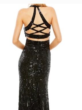 MAC DUGGAL 5390 SLEEVELESS FAUX WRAP SEQUIN EMBELLISHED CUTOUT BLACK GOWN sz 8